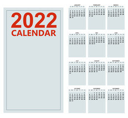 Calendar for 2021 year monthly template. Basic grid week starts on sunday. Vector