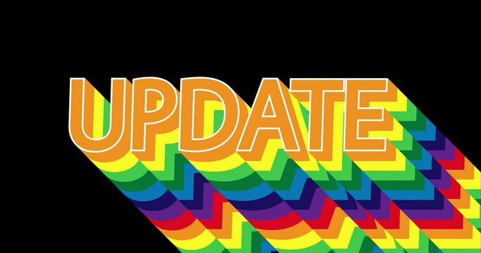 Update. 4k animated text with long layered multicolored shadow with the colors of a rainbow on black background.