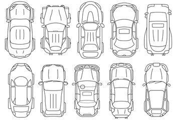 Vehicles for planing architectural entourage. Set of sedan cars in top view outline icon. City transport in above view. Vector automotive collection.   - 460968183