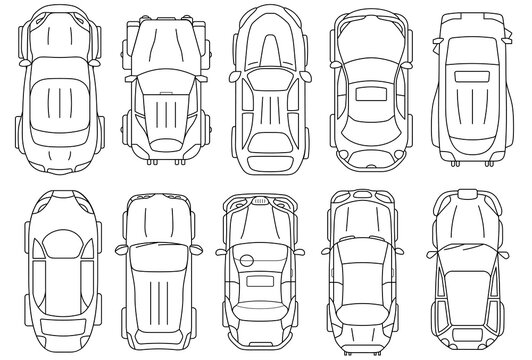 Vehicles for planing architectural entourage. Set of sedan cars in top view outline icon. City transport in above view. Vector automotive collection.  
