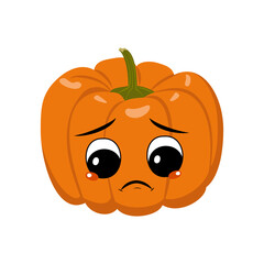 Cute pumpkin character with sad emotions, depressed face, down eyes. Festive decoration for Halloween. Vegetable orange hero