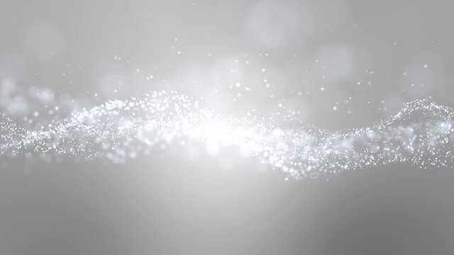 Cinematic white glowing moving particles with floating lights and snow. Magical dust with on clean background. Abstract motion of particles in 4K. Seamless loop.