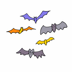 Doodle bats set. Hand drawn creepy winged animals isolated on white background. Color flittermouse flock. Collection for Halloween, print, autumn holidays, scary childish design. Vector illustration