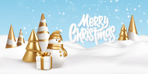 Merry Christmas background with snow drifts landscape, snowman, gift and Christmas trees. Gold and white Christmas decorations. Vector illustration
