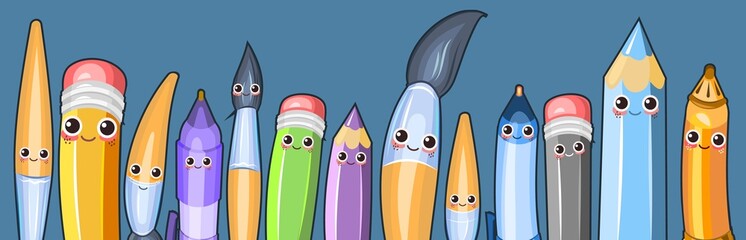 Stationery. Horizontal composition for a border on a dark background. Pencils and brushes. Items for creativity. Ballpoint and gel pens. Cheerful cartoon style. Vector.