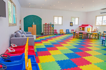 Interior of childrens play room kids club in hotel