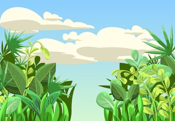 Tropical herbs and shrubs. Jungle meadow. Shoots of palm trees and nice summer weather. Funny cartoon style. Green countryside landscape. Lush midday clouds. Vector.