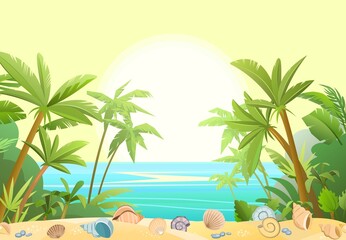 Sea beach. Summer seascape. Far away is the ocean horizon. Calm weather. Jungle palm trees. Seashells and shell close up. Flat style illustration. Vector.
