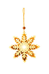 Wooden snowflakes isolated on white background. Concept for New Year or Merry Christmas.