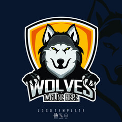 WOLVES ESPORTS LOGO TEMPLATE WITH A DARK BLUE BACKGROUND