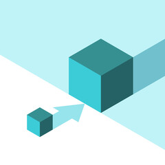 Isometric small cube transforming into big one. Prototyping, development, growth, change and improvement concept. Flat design. EPS 8 vector illustration, no transparency, no gradients
