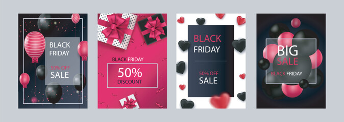 Black Friday Sale set of posters or flyers design with balloons and confetti. Black Friday cover design. Sale discount prices announcement brochure layout. Vector illustration with realistic elements.