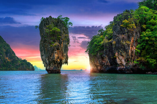  James Bond island at sunset in Phang nga, Thailand.