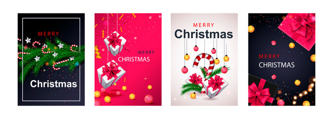 Fototapeta na wymiar Merry Christmas set of posters or flyers greeting cards design with tree branch and Christmas ball. New Year 2022 cover design. Xmas brochure layout. Vector illustration with realistic elements.