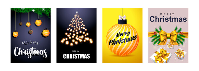 Merry Christmas set of posters or flyers greeting cards design with tree branch and Christmas ball. New Year 2022 cover design. Xmas brochure layout. Vector illustration with realistic elements.