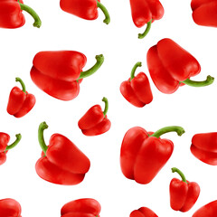 Seamless vegetable pattern background. Red sweet pepper isolated on white.