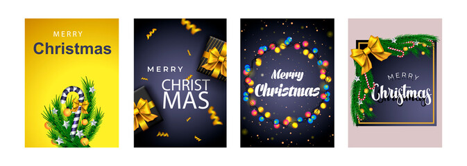 Fototapeta na wymiar Merry Christmas set of posters or flyers greeting cards design with tree branch and Christmas ball. New Year 2022 cover design. Xmas brochure layout. Vector illustration with realistic elements.