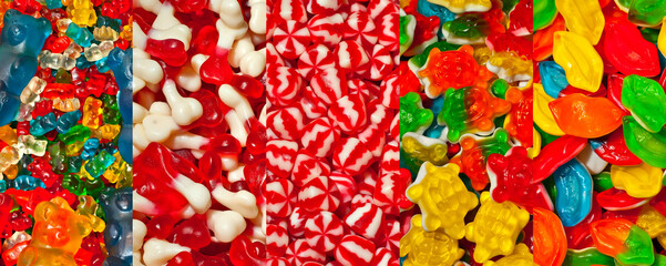 Texture of yellow, red and green candies. Sweets on a pile close up. Sweets shop window.
