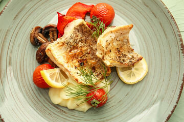 Plate with tasty baked cod fillet, vegetables and mashed potatoes on color wooden background, closeup