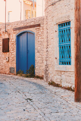 Traditional wooden door in typical old european town.