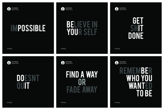 Six motivational quotes template set with faded teks theme and black background.