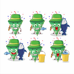A fisherman dark green party popper with confetti cartoon picture catch a big fish