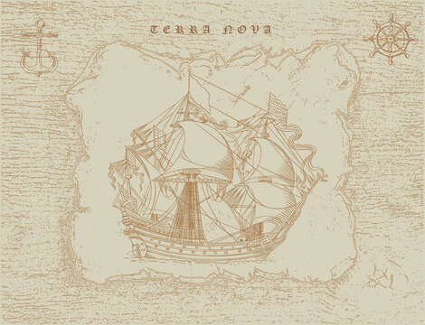 vector image of a vintage caravel in old engraving style	