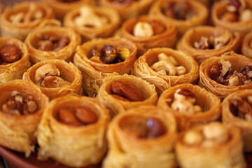 Turkish baklava dessert with honey, close up