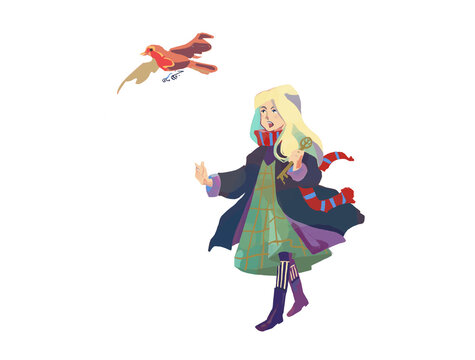 The image of a little pretty girl with long white hair in a dress, coat and a striped scarf around her neck. She holds a key in her hands. A bird flies from above, a girl runs after her