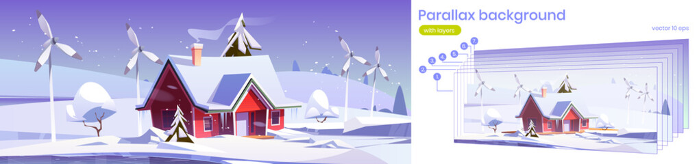 Parallax background winter 2d landscape with house and wind turbines. Cartoon vector scene with separated layers for game animation with Eco friendly home and power generation windmills in snow
