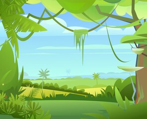 Naklejka premium Jungle plants. Flora landscape. Dense thickets. View from the Tropical forest panorama. Southern Rural Scenery. Illustration in cartoon style flat design. Vector
