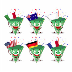 Fototapeta premium Dark green party popper with confetti cartoon character bring the flags of various countries