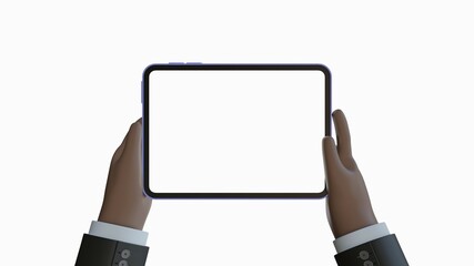 3d illustration. Device Mockup. Dark brown cartoon hand holding an iPad in jacket with white background.