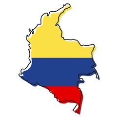 Obraz premium Stylized outline map of Colombia with national flag icon. Flag color map of Colombia vector illustration.