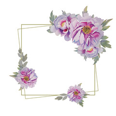 Blooming peonies elegant watercolor wedding frame hand drawn. Botanical wedding invitation template design, white flowers and magnolia leaves. Card