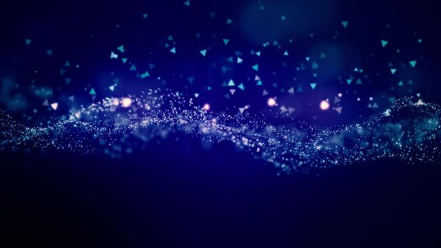 Cinematic blue moving particles with triangle shapes floating. Universe dust with stars on black background. Abstract motion of particles in 4K. Seamless loop.