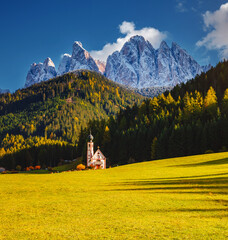 San Giovanni church in St. Magdalena village. Location place Val di Funes, Dolomite alps,...