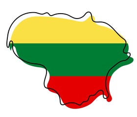 Stylized outline map of Lithuania with national flag icon. Flag color map of Lithuania vector illustration. - obrazy, fototapety, plakaty