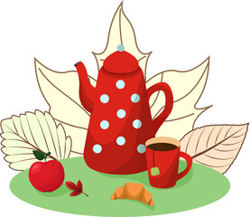 Still life illustration of tea time. Teapot and cups full of tea. With a background of autumn leaves. Vector illustration.