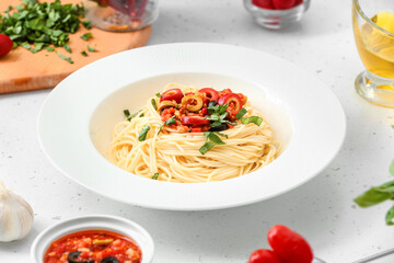 Plate of Pasta Puttanesca on white background