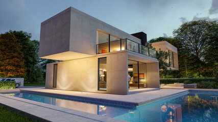 Big contemporary villa with garden and swimming pool in the evening - obrazy, fototapety, plakaty