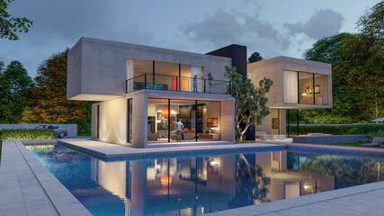 Big contemporary villa with garden and swimming pool in the evening - obrazy, fototapety, plakaty