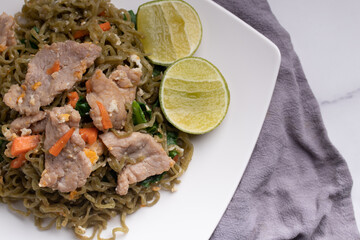 Moroheiya mixed vegetable noodles stir fried with pork and egg