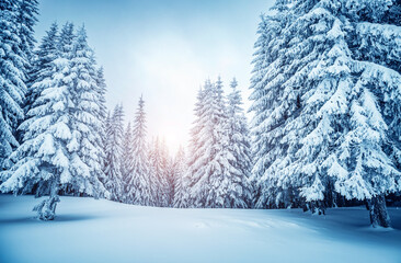 Exotic view of snow-capped spruces on a frosty day.
