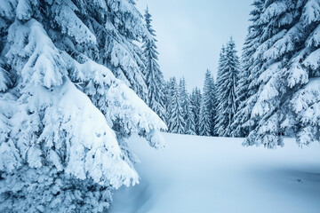 Exotic view of snow-capped spruces on a frosty day.