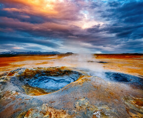 Dramatic view of the geothermal area Hverir (Hverarond). Location place Myvatn lake, Iceland, Europe.