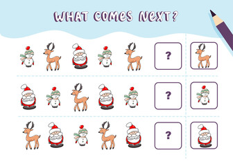What comes next with cute handdrawn Christmas characters. Cartoon vector illustration. Logical worksheet for kids.
