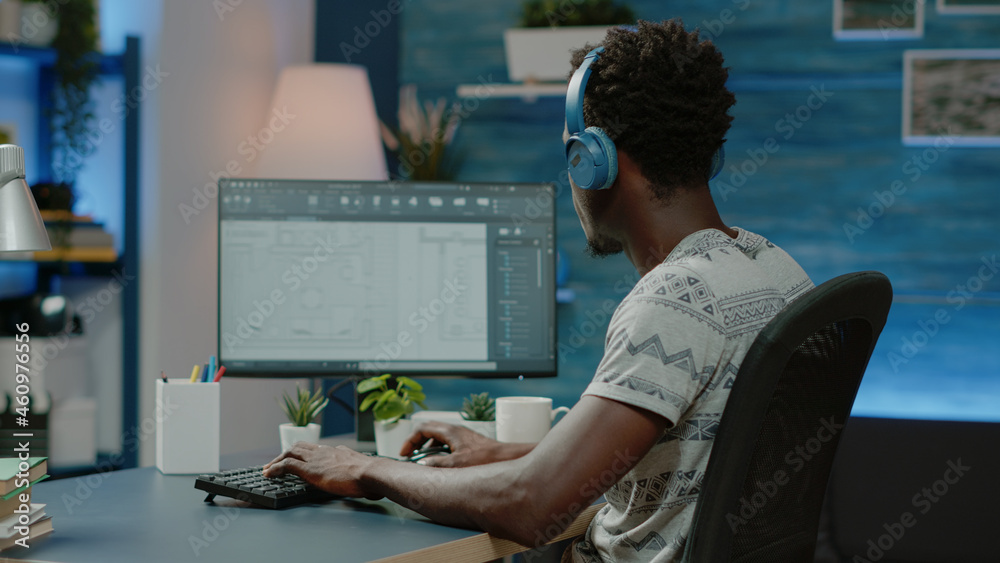 Poster architect wearing headphones and creating blueprint plan for urban construction on computer. man eng