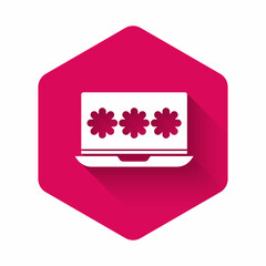 White Laptop with password notification icon isolated with long shadow. Security, personal access, user authorization, login form. Pink hexagon button. Vector Illustration