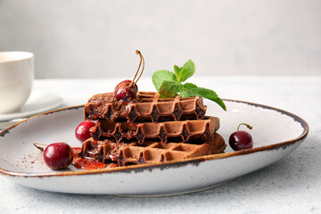 Plate of delicious Chocolate Belgian Waffles with cherry on table